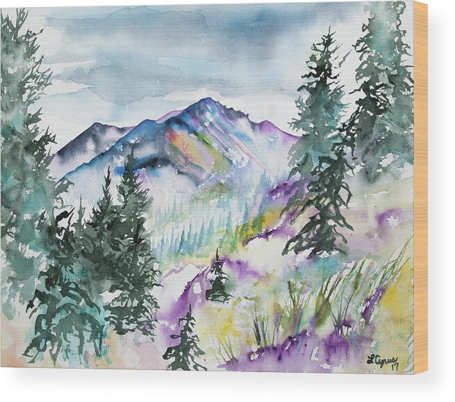 Long's Peak Wood Print featuring the painting Watercolor - Long's Peak Summer Landscape by Cascade Colors