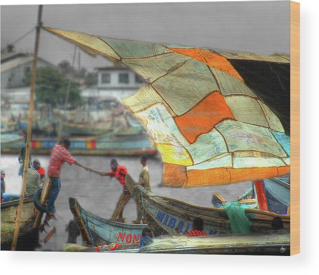 Ghana Wood Print featuring the photograph Whatever it Takes - Makeshift Sail at Tema Harbor by Wayne King