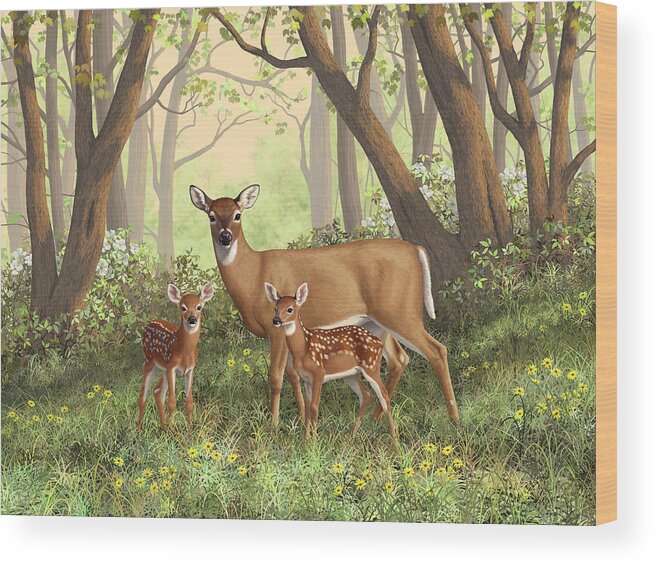 Whitetail Deer Wood Print featuring the painting Whitetail Doe and Fawns - Mom's Little Spring Blossoms by Crista Forest