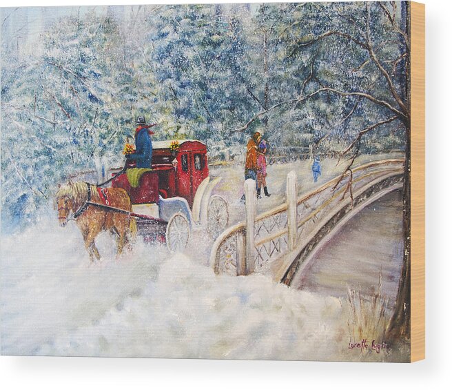 Central Park Wood Print featuring the painting Winter Carriage in Central Park by Loretta Luglio