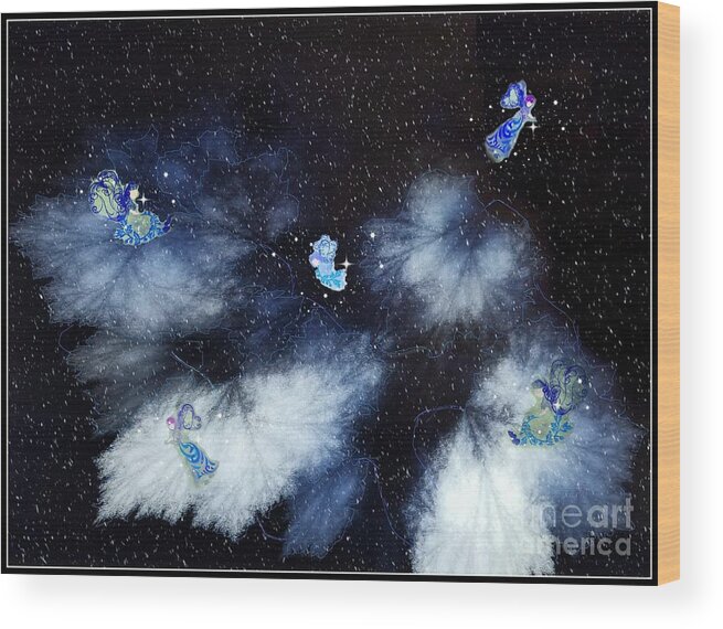 Blue Wood Print featuring the digital art Winter Leaves And Fairies by Diamante Lavendar