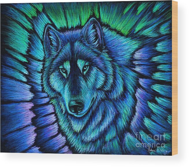 Wolf Wood Print featuring the pastel Wolf Aurora by Rebecca Wang