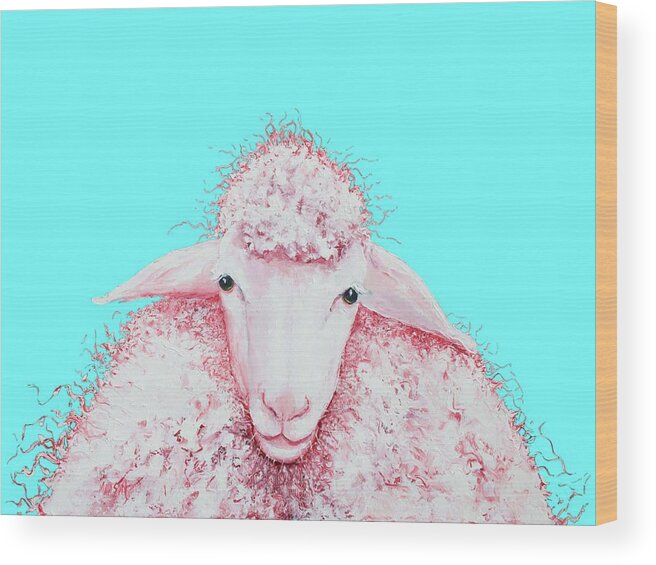 Sheep Wood Print featuring the painting Woolly sheep on turquoise by Jan Matson