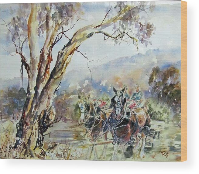 Clydesdale Wood Print featuring the painting Working Clydesdale pair, Australian landscape. by Ryn Shell