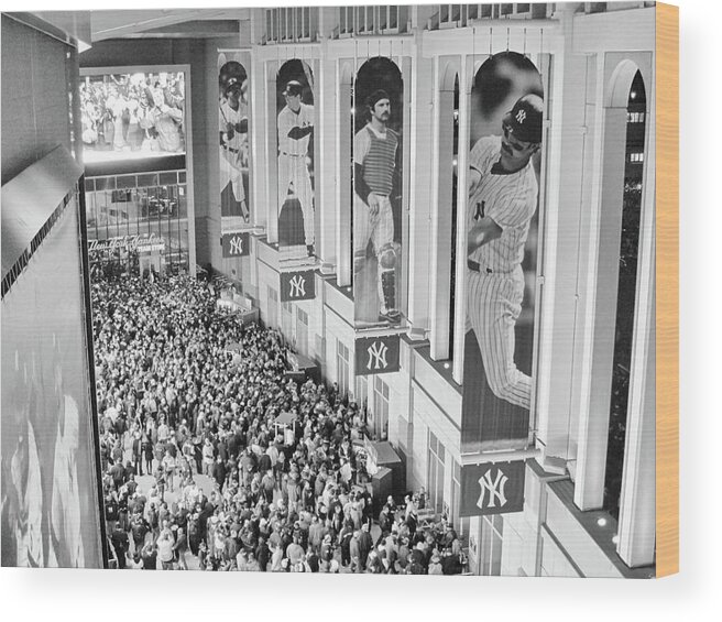 Yankee Stadium Great Hall 2009 World Series Black And White Wood Print featuring the photograph Yankee Stadium Great Hall 2009 World Series Black and White by Terry DeLuco