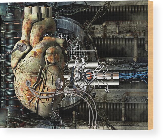 Wired Wood Print featuring the digital art Artificial Heart, Conceptual Artwork #1 by Laguna Design