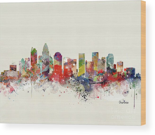 Charlotte Wood Print featuring the painting Charlotte City Skyline #1 by Bri Buckley