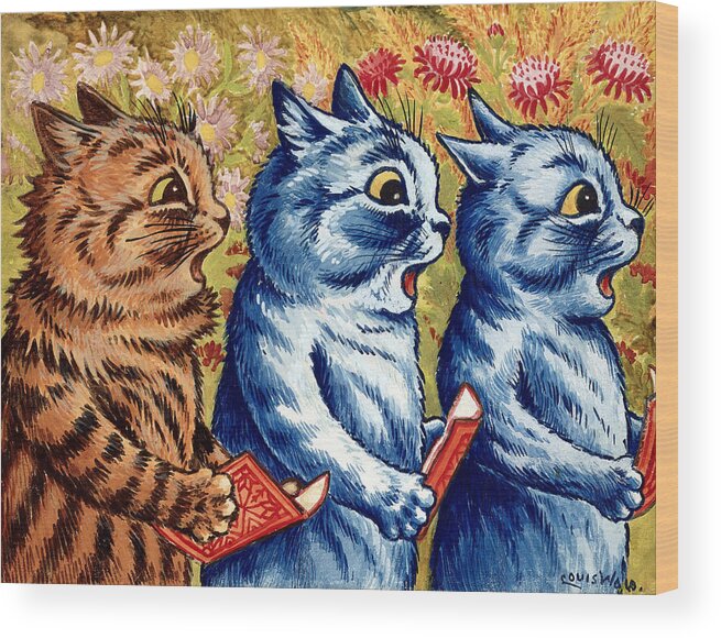 Cats Wood Print featuring the painting Three cats Singing #1 by Louis Wain