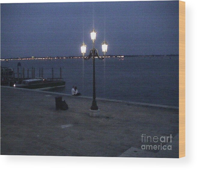 Venice Wood Print featuring the photograph Venice Italy San Marco Square Pier Promenade At Sunset Light Pole Romantic Couple Panoramic View #1 by John Shiron