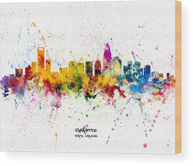 Charlotte Wood Print featuring the digital art Charlotte North Carolina Skyline #13 by Michael Tompsett