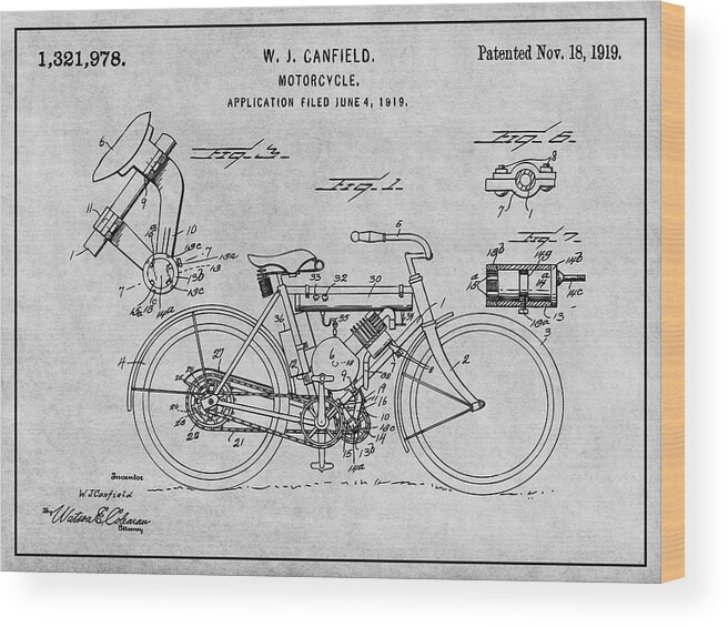 1919 W. J. Canfield Motorcycle Patent Print Wood Print featuring the drawing 1919 W. J. Canfield Motorcycle Gray Patent Print by Greg Edwards