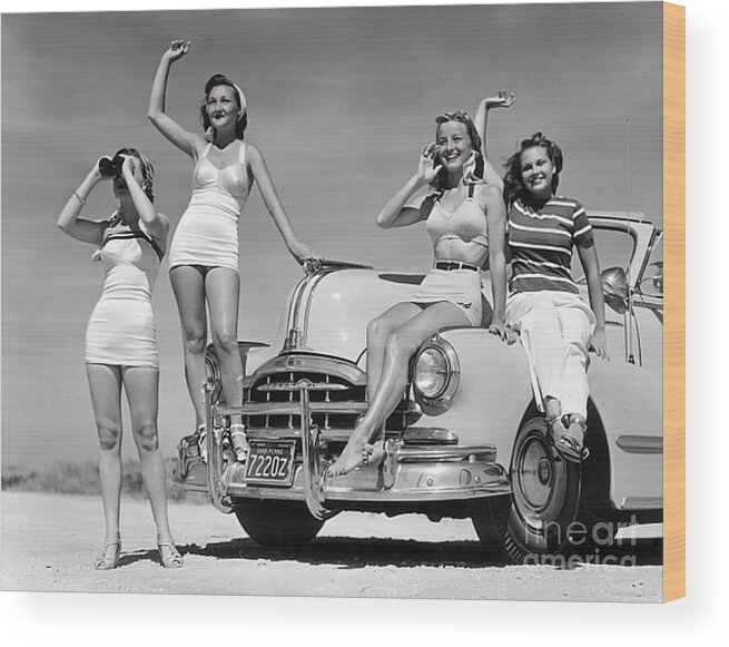 Vintage Wood Print featuring the photograph 1950s Group Of Four Women In Bathing Suits With Convertible by Retrographs