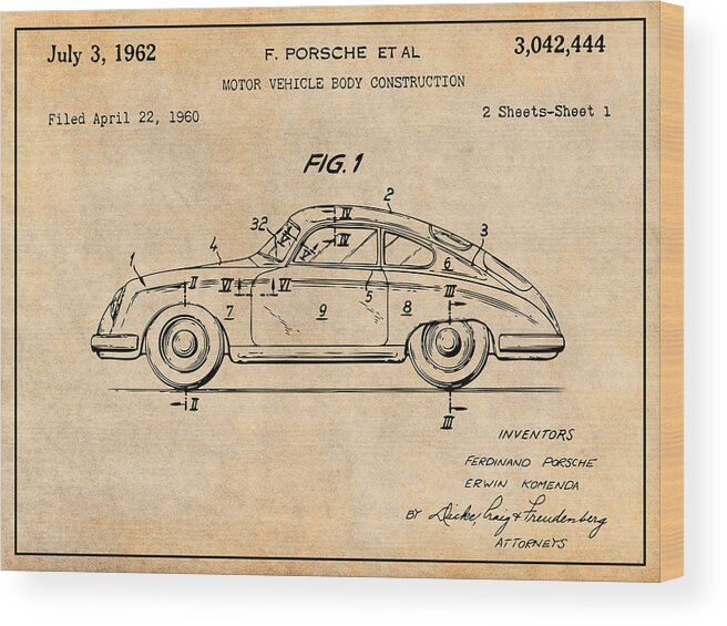 Porsche 356 Patent Print Wood Print featuring the drawing 1962 Porsche 356 Speedster Patent Print Antique Paper by Greg Edwards
