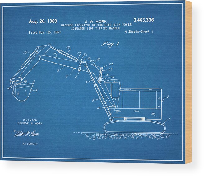 Backhoe Excavator Wood Print featuring the drawing 1969 Backhoe Excavator Patent Print Blueprint by Greg Edwards