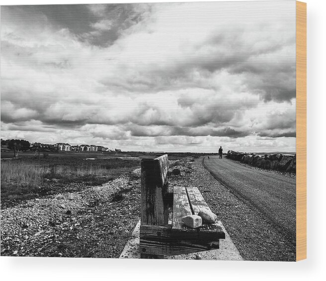 Black And White Wood Print featuring the photograph 2 Stones On Bench by Edward Lee