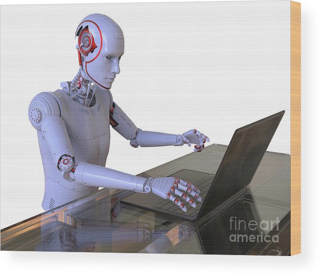 Robot Wood Print featuring the photograph Humanoid Robot Working With Laptop by Kateryna Kon/science Photo Library