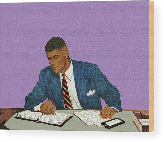 Accessories Wood Print featuring the drawing Businessman Working at a Desk #4 by CSA Images