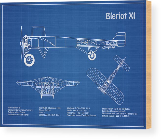 Bleriot Xi Wood Print featuring the drawing Bleriot XI Airplane Blueprint. Drawing Plans or Schematics with design outline for the Bleriot XI #6 by SP JE Art