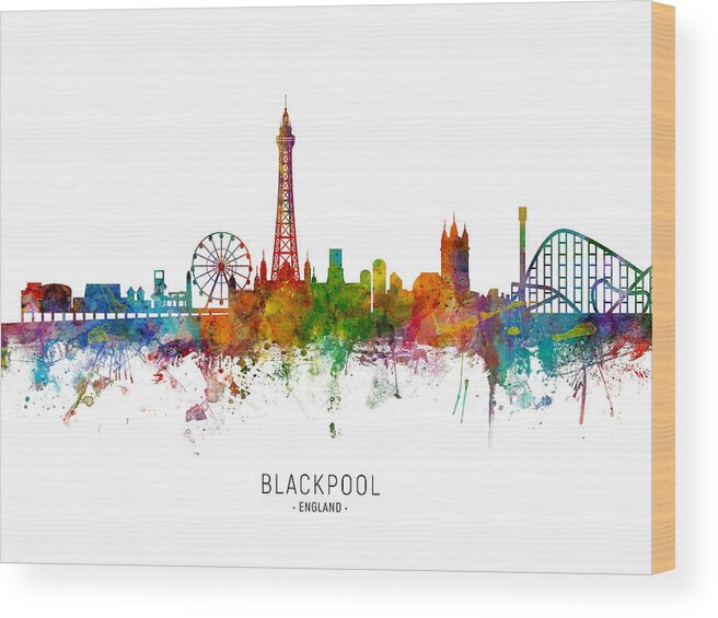 Blackpool Wood Print featuring the digital art Blackpool England Skyline #8 by Michael Tompsett