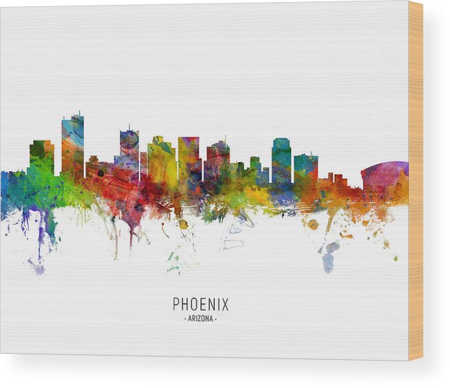 Phoenix Wood Print featuring the digital art Phoenix Arizona Skyline #8 by Michael Tompsett
