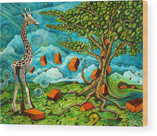 Giraffe Wood Print featuring the painting As High As Giraffe Bus by Yom Tov Blumenthal