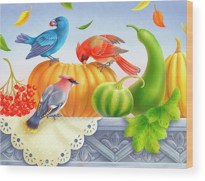 Birds Wood Print featuring the digital art Birds And Pumpkins by Olga Kovaleva