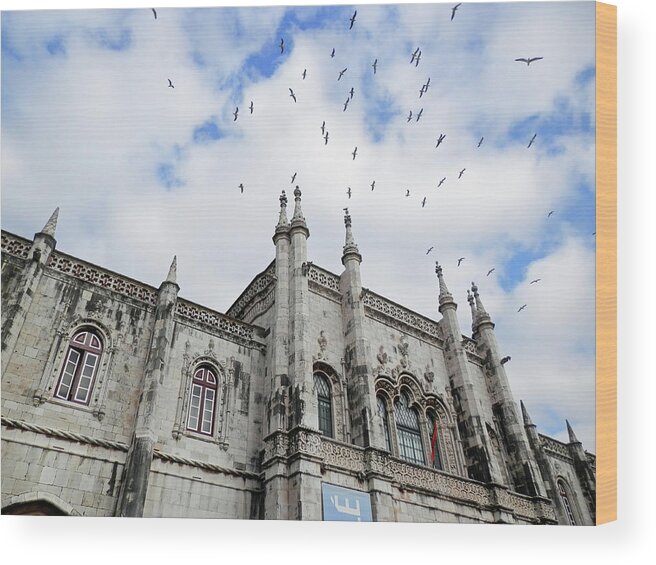 Birds Wood Print featuring the photograph Birds flying above Jeronimos Monastery by Pema Hou