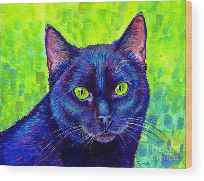 Cat Wood Print featuring the painting Black Cat with Chartreuse Eyes by Rebecca Wang