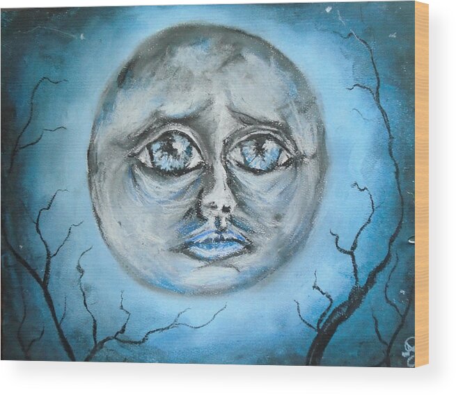 Moon Wood Print featuring the pastel Bloo Moon by Jen Shearer