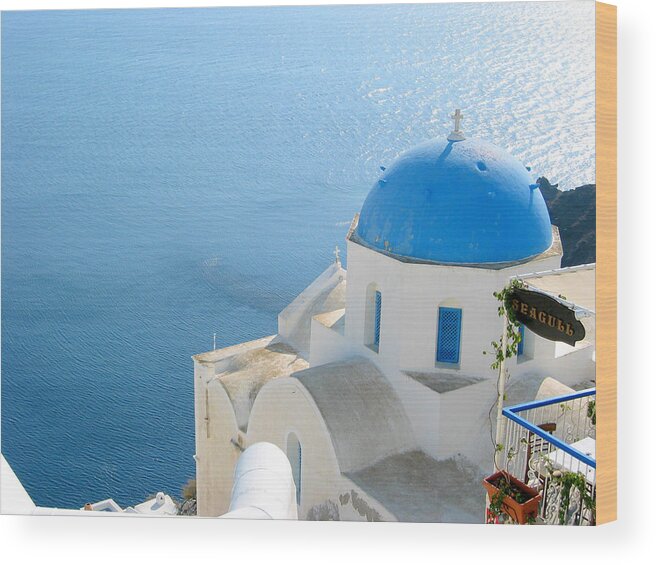 Blue Wood Print featuring the photograph Blue Domed Church of Santorini by Keiko Richter