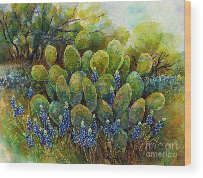 Cactus Wood Print featuring the painting Bluebonnets and Cactus 2 by Hailey E Herrera