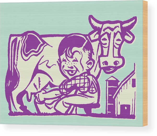 Adult Wood Print featuring the drawing Boy Milking Cow by CSA Images