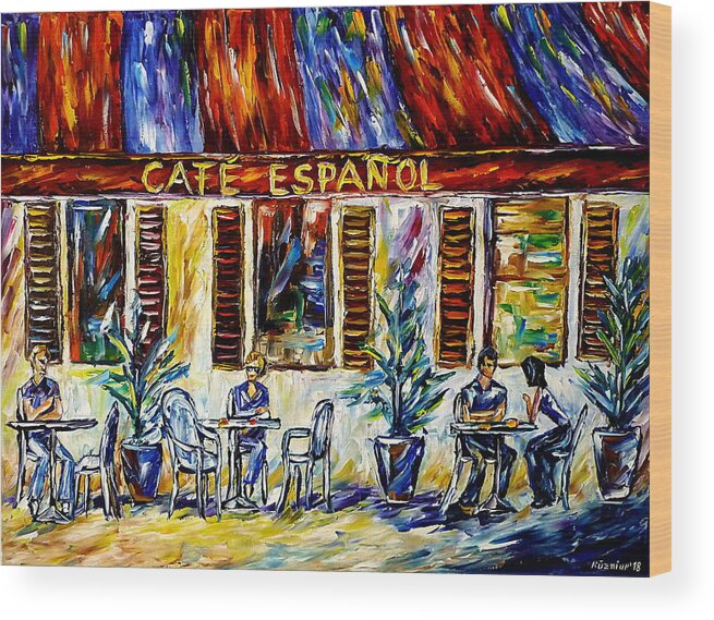 Sitting Outdoors Wood Print featuring the painting Cafe Espanol by Mirek Kuzniar
