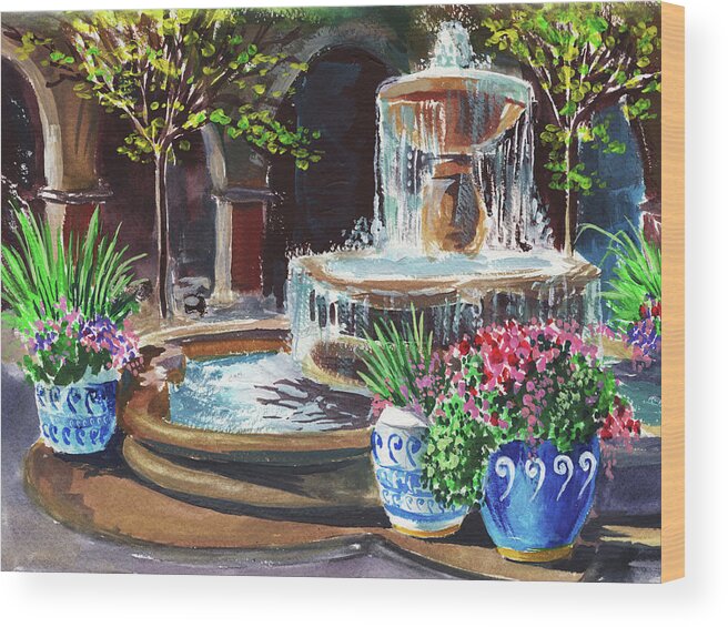 Courtyard Wood Print featuring the painting Cascading Fountain Summer Garden by Irina Sztukowski