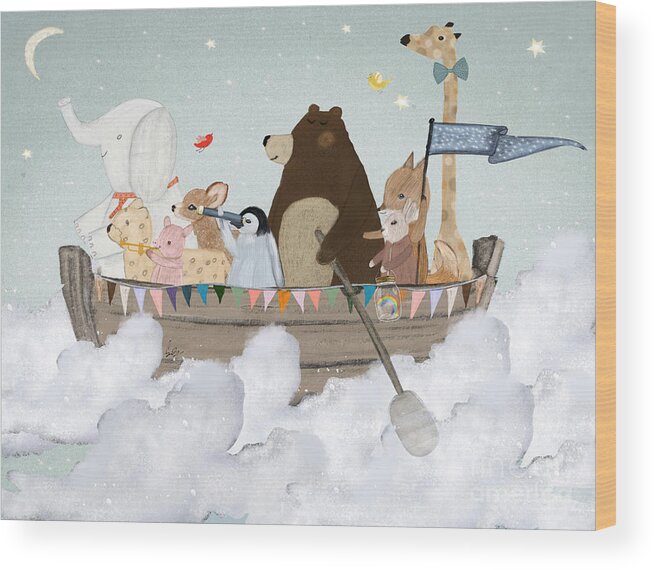 Nursery Wall Art Wood Print featuring the painting Cloud Sailers by Bri Buckley