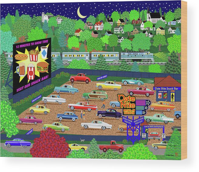 Date Nite Drive In Wood Print featuring the digital art Date Nite Drive In by Mark Frost