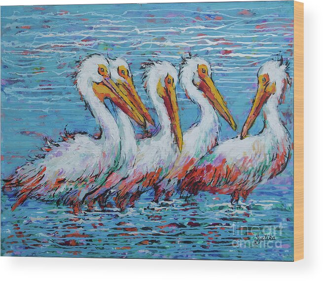  Wood Print featuring the painting Flock Of White Pelicans by Jyotika Shroff
