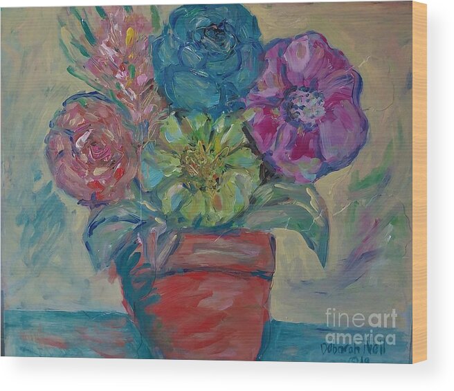 Loose Brush Work Wood Print featuring the painting Flowers in a Clay Pot by Deborah Nell