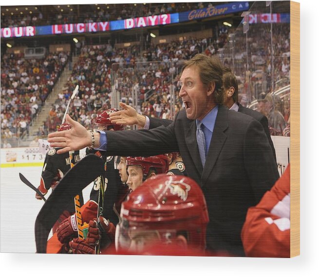 National Hockey League Wood Print featuring the photograph Gretzky Behind The Bench by Bruce Bennett