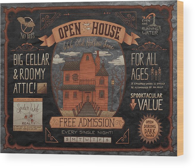 Halloween Wood Print featuring the mixed media Halloween Open House by Sd Graphics Studio