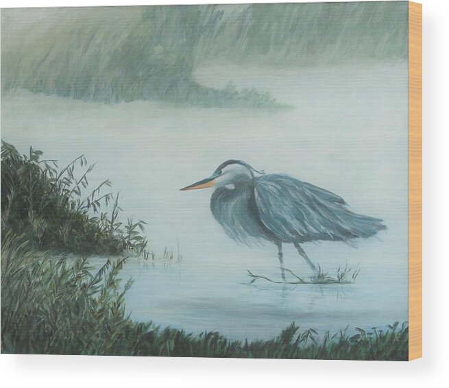 Wildlife Wood Print featuring the painting Heron in Mist by Deborah Smith