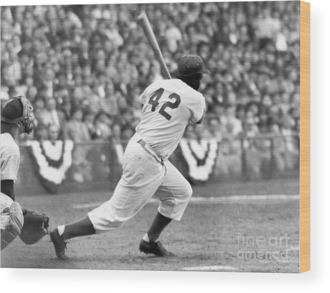 Sports Helmet Wood Print featuring the photograph Jackie Robinson At Bat by Robert Riger