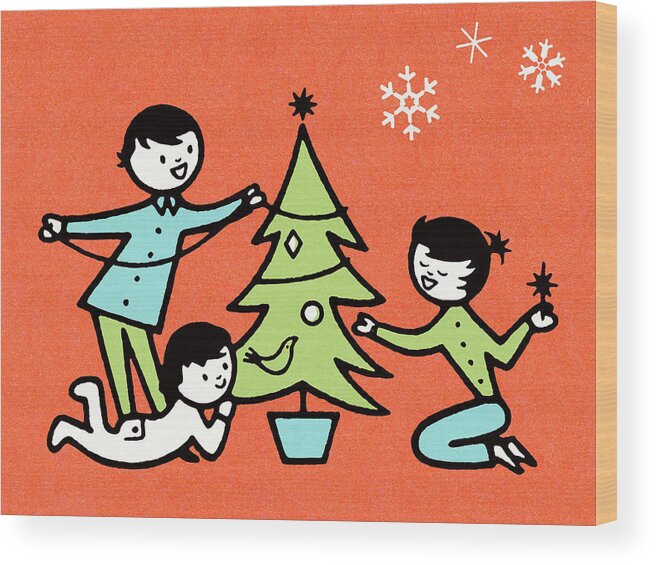 Activity Wood Print featuring the drawing Kids trimming the tree by CSA Images