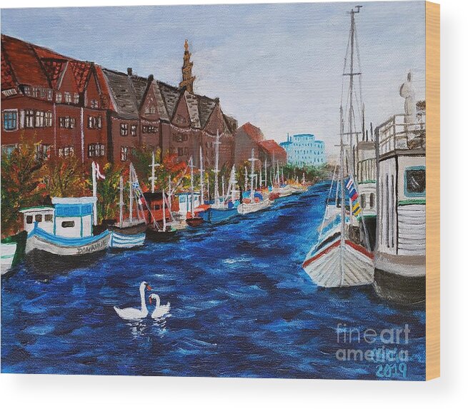 Blue Wood Print featuring the painting Kjaerlighet i Kobenhavn Christianshavn Copenhagen Denmark by C E Dill