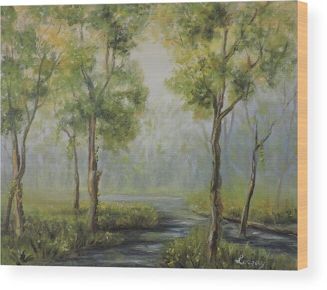 Mountain Meadow Alpine Wood Print featuring the painting Landscape of the Great Swamp of New Jersey with pond by Katalin Luczay