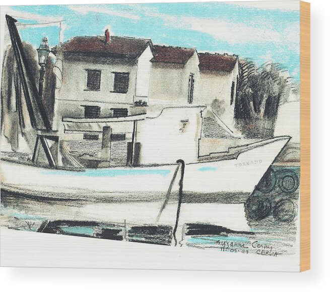 Houses On The Canal Wood Print featuring the painting Le Barche galleggianti nel mare Adriatico by Suzanne Giuriati Cerny