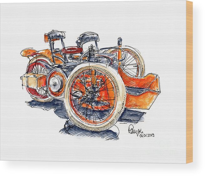 Léon Bollée Wood Print featuring the drawing Leon Bollee Three Wheel Vehicle 1896 Classic Car Ink Drawing a by Frank Ramspott