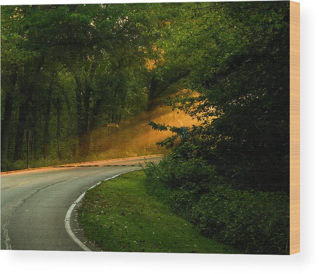 Sunrise Wood Print featuring the photograph Light at the End of the Road by Sandra J's
