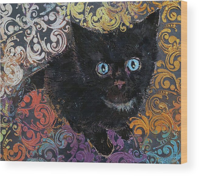 Halloween Wood Print featuring the painting Little Black Kitten by Michael Creese