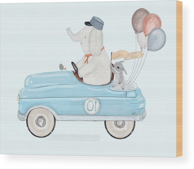 Childrens Wood Print featuring the painting Little Racer Elephant by Bri Buckley